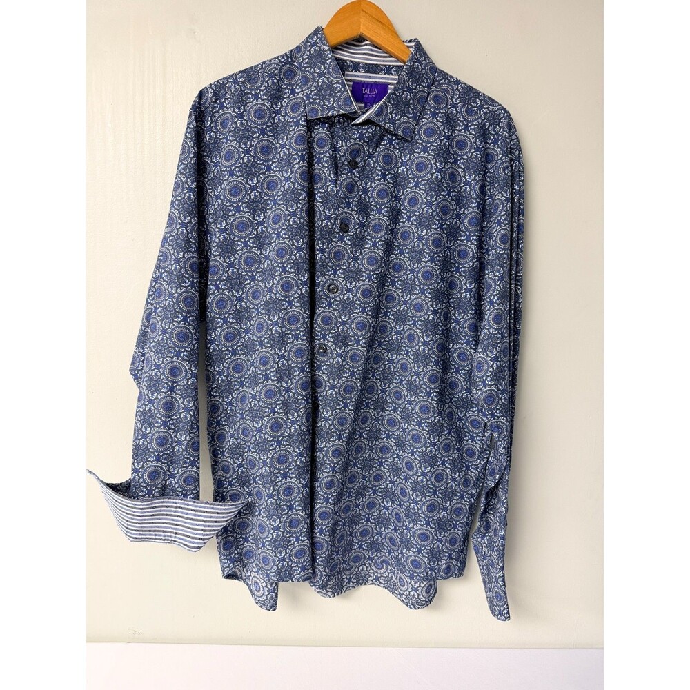 Talia Men's XL 17 1/2 Blue Medallion Print Cotton Long Sleeve Button-Up Shirt